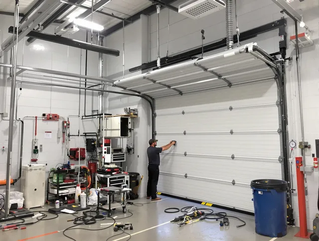 Macedonia Garage Door Repair certified technician performing commercial door repair at a Macedonia business facility