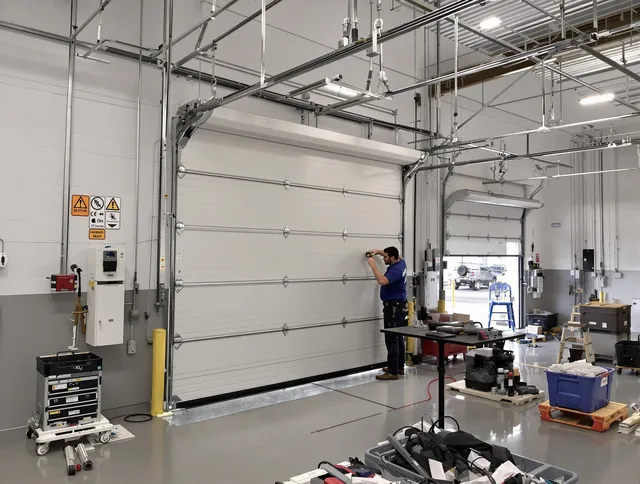 Commercial garage door repair being performed by Macedonia Garage Door Repair expert in Macedonia