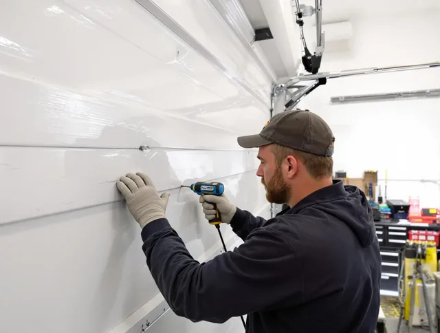 Macedonia Garage Door Repair technician demonstrating precision dent removal techniques on a Macedonia garage door