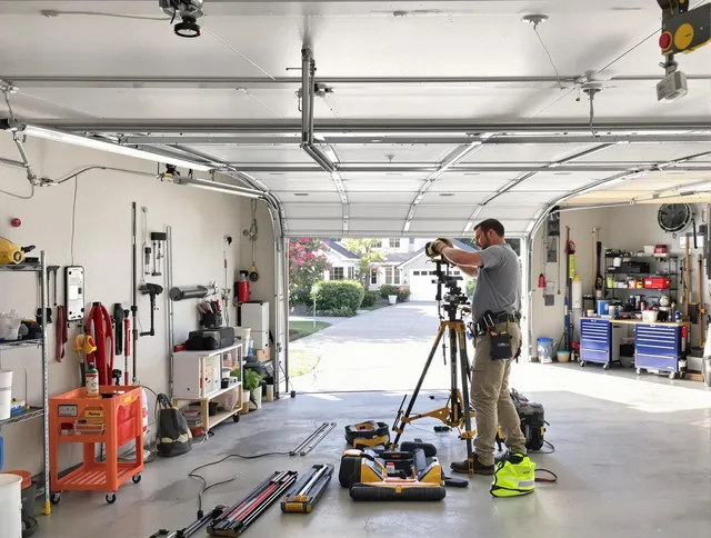 Macedonia Garage Door Repair specialist performing laser-guided track alignment in Macedonia